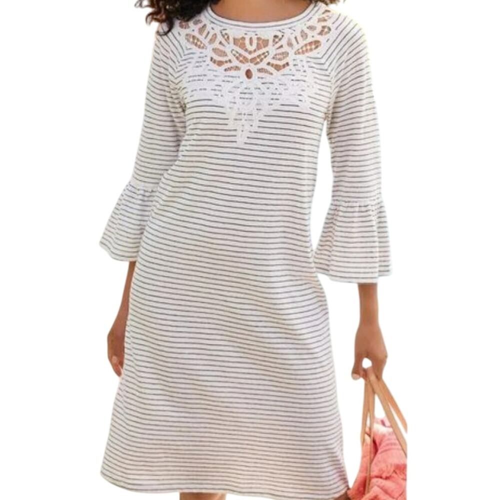 SOFT SURROUNDINGS NWT Medium White Black Stripe Flare Sleeve Lace‎ Lolana Dress